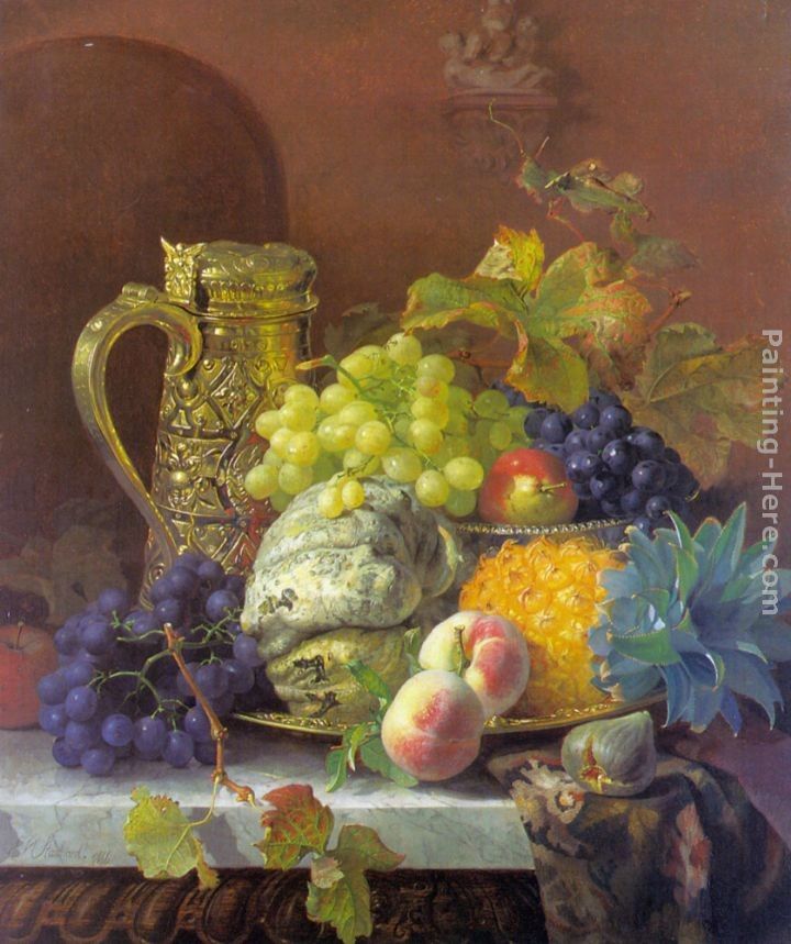 Eloise Harriet Stannard Fruits on a tray with a silver flagon on a marble ledge